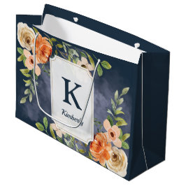Bolsa De Regalo Grande Monograma personalizada de flores navy y melocotón