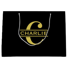Bolsa De Regalo Grande Monograma Personalizado Y Nombre Negro Y Oro