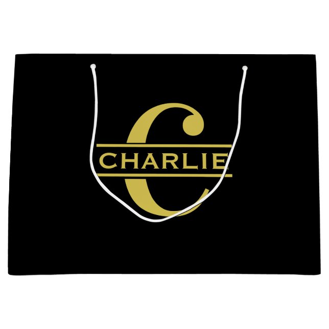 Bolsa De Regalo Grande Monograma Personalizado Y Nombre Negro Y Oro (Anverso)