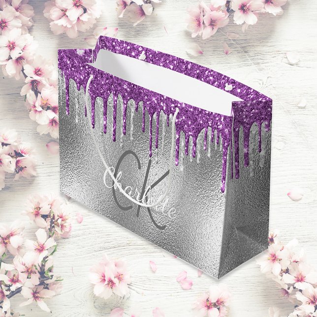 Bolsa De Regalo Grande Monograma plateado nombre púrpura elegante moderno (Subido por el creador)