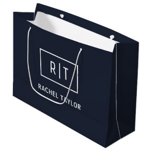 Bolsa De Regalo Grande Monograma Profesional Simple Azul Marino Blanco