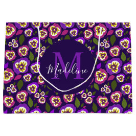 Bolsa De Regalo Grande Monograma púrpura de patrón de pansias florales gi