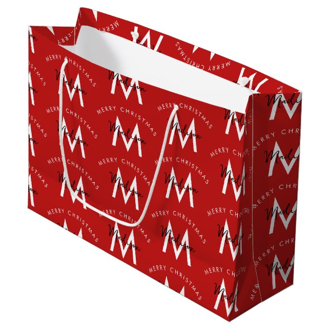 Bolsa De Regalo Grande Monograma rojo navideño moderno personalizado (Angulo Anverso)