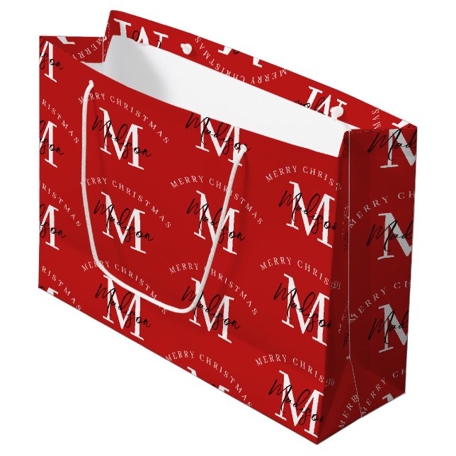 Bolsa De Regalo Grande Monograma rojo navideño personalizado (Angulo Anverso)