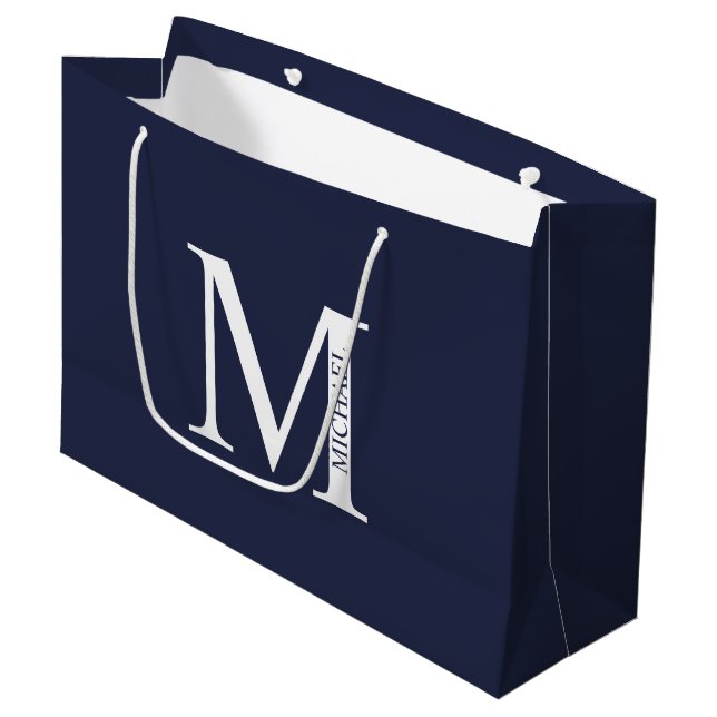 Bolsa De Regalo Grande Monograma y nombre personalizados del azul marino (Angulo Anverso)