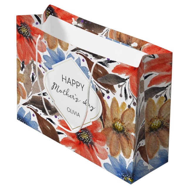 Bolsa De Regalo Grande Monogramado Pastel Azul Naranja Floral (Angulo Anverso)