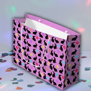 Bolsa De Regalo Grande Montón de conejos de silueta negra flores rosadas