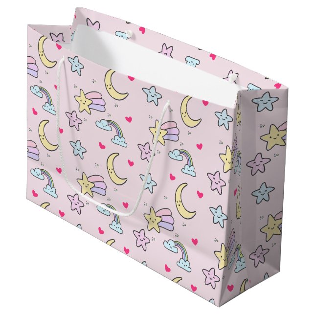 Bolsa De Regalo Grande Moon, Stars and Clouds Pattern en rosa pastel (Angulo Anverso)
