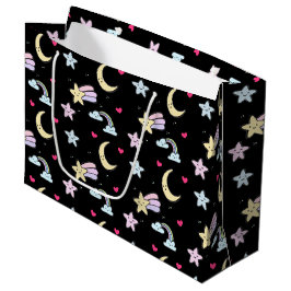 Bolsa De Regalo Grande Moon, Stars and Clouds Pattern on Black