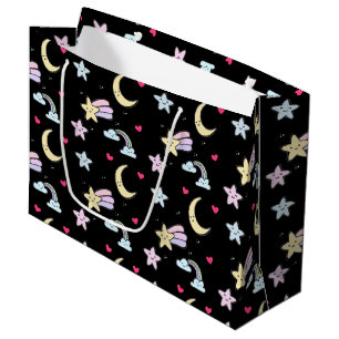 Bolsa De Regalo Grande Moon, Stars and Clouds Pattern on Black