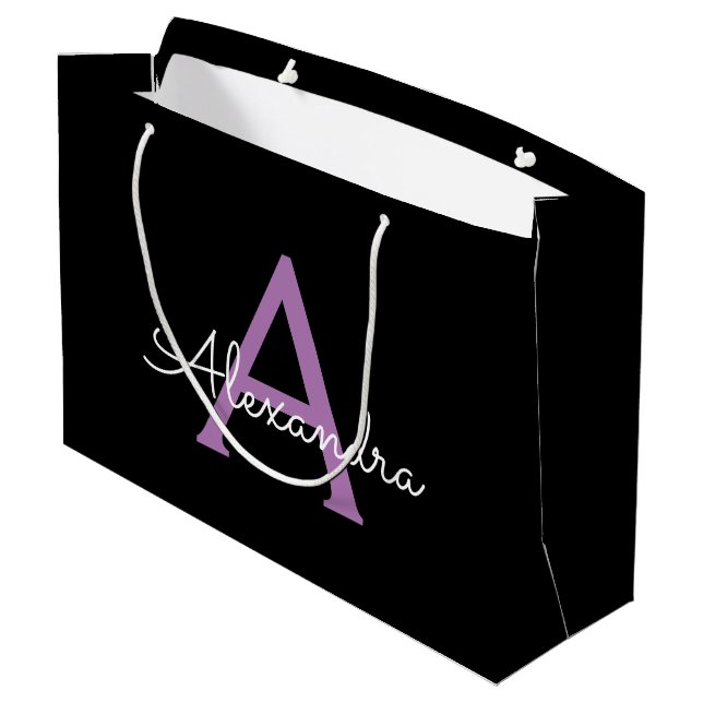 Bolsa De Regalo Grande Morado Black Script Girly Monograma Nombre (Angulo reverso)