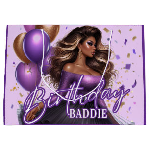 Bolsa De Regalo Grande Mujer Negra Curvilínea Cumpleañera Morada Baddie