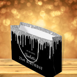 Bolsa De Regalo Grande Nacimiento purpurina de plata negra gotea nombre d