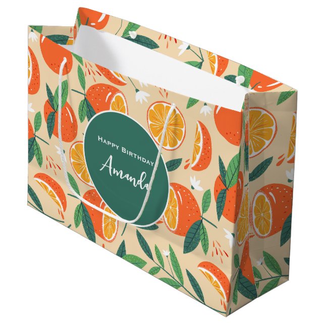 Bolsa De Regalo Grande Naranja Citrus Fruit Retro Patrón Cumpleaños (Angulo Anverso)
