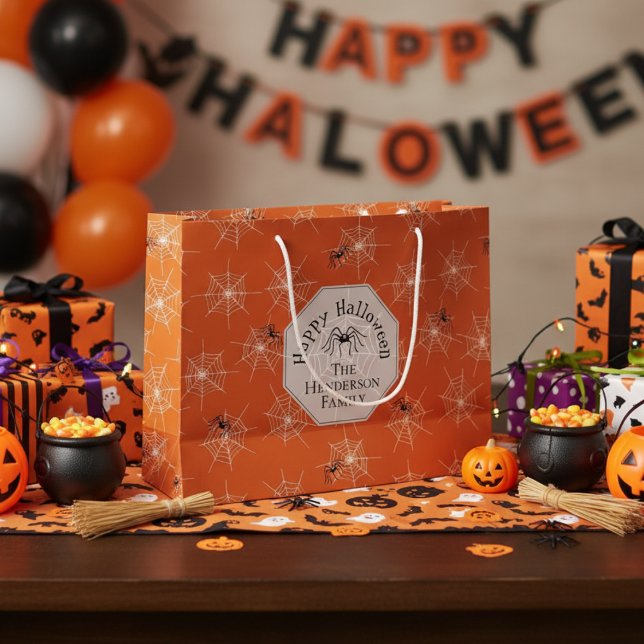 Bolsa De Regalo Grande Naranja Creepy Spider Webs Personalizado Halloween (Spooky Orange and Black Spiderweb Gift Bags. Creepy Black Spiders & Webs Pattern for Halloween Party)
