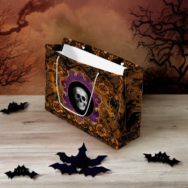 Bolsa De Regalo Grande Naranja elegante y espeluznante calavera de halllo
