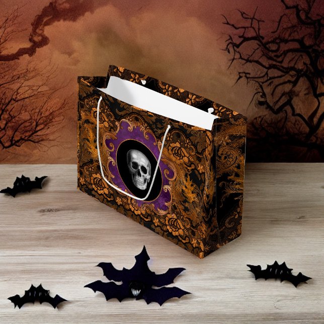 Bolsa De Regalo Grande Naranja elegante y espeluznante calavera de halllo (Subido por el creador)