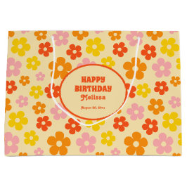 Bolsa De Regalo Grande Naranja retro colorido Boho Flor Feliz cumpleaños