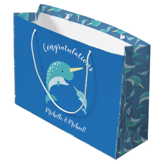 Bolsa De Regalo Grande Narwhal Baby Shower Blue Boy Whale (Angulo reverso)
