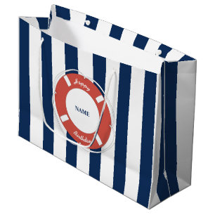 Bolsa De Regalo Grande Nautical Blue Striped Custom Name Birday