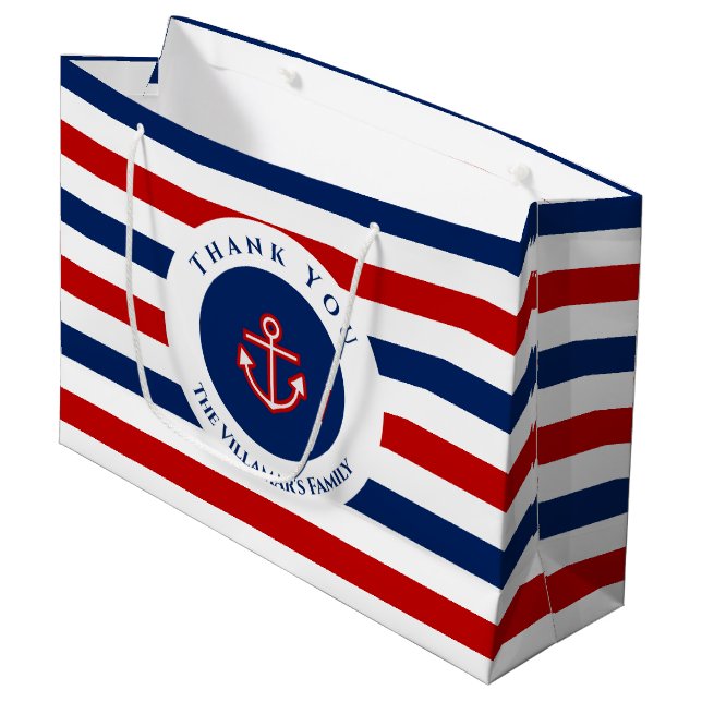 Bolsa De Regalo Grande Nautical Marine Navy Blue Red White Stripes (Angulo Anverso)