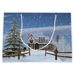 Bolsa De Regalo Grande Navidad, casa en escena del invierno Nevado