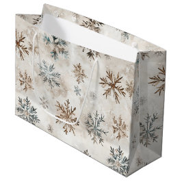 Bolsa De Regalo Grande Navidad Copos de Nieve Marrón Azul Crema