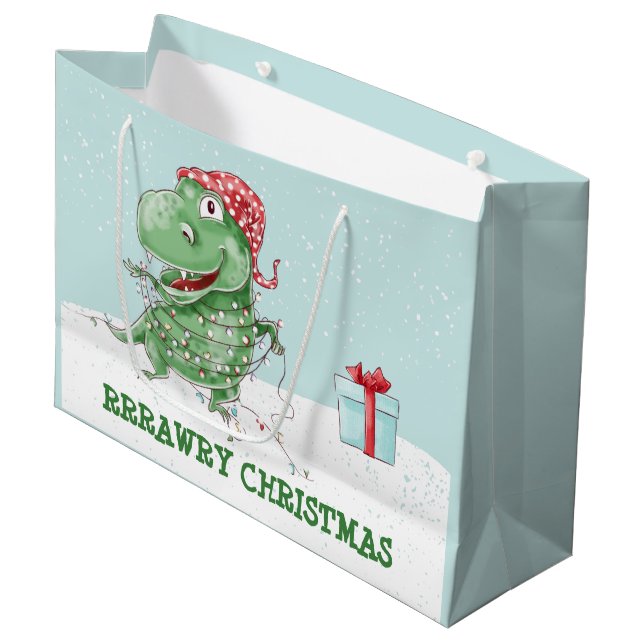 Bolsa De Regalo Grande Navidad Cruda Dinosaurio Fiesta (Angulo Anverso)