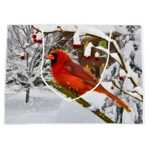 Bolsa De Regalo Grande Navidad, pájaro cardinal rojo y nieve