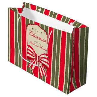 Bolsa De Regalo Grande Navidad retro rojo verde rayas con lazo personaliz