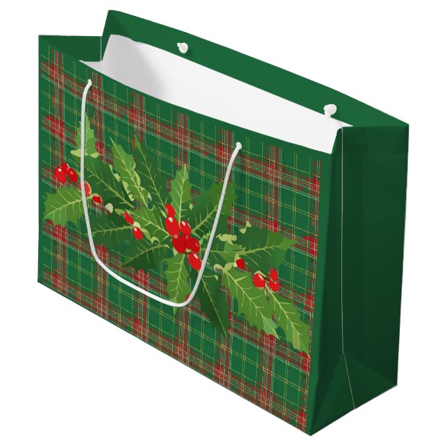 Bolsa De Regalo Grande Navidad Verde Cuadro Rojo Con Corona (Angulo Anverso)