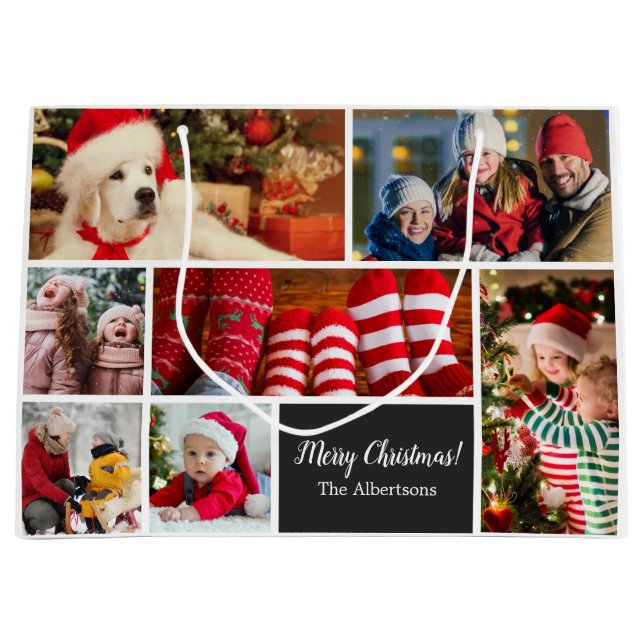 Bolsa De Regalo Grande Navidades 7 Collage de fotos con apellido, negro (Anverso)