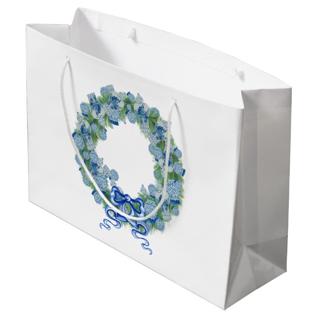 Bolsa De Regalo Grande Navidades azules Chinoiserie tote Wreath (Angulo reverso)