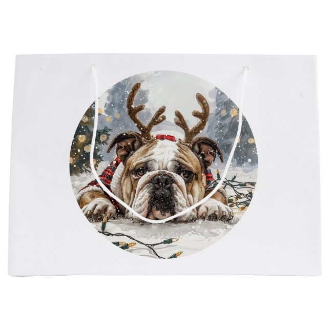 Bolsa De Regalo Grande Navidades Bulldog inglés reno (Anverso)
