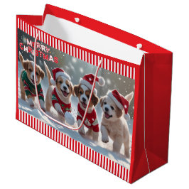 Bolsa De Regalo Grande Navidades cachorros en sudaderas jugando en la nie