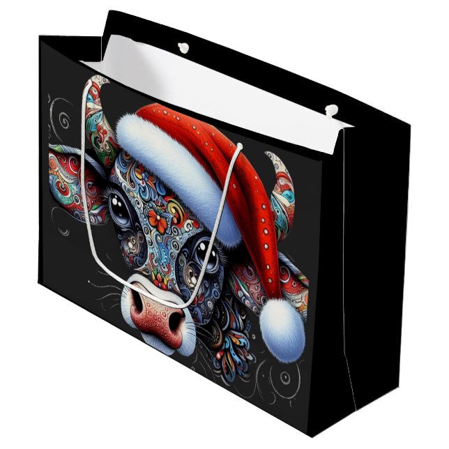 Bolsa De Regalo Grande Navidades Cow Bull con Santa Hat Arte Popular Mexi (Angulo Anverso)