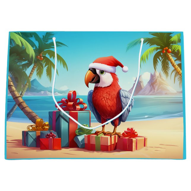 Bolsa De Regalo Grande Navidades Cute Santa Parrot Tropical Beach (Anverso)