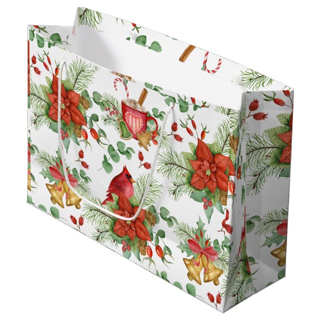 Bolsa De Regalo Grande Navidades de acuarela Poinsettia y Cardenal Rojo (Angulo Anverso)