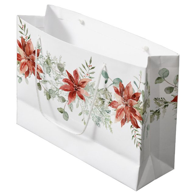 Bolsa De Regalo Grande Navidades de acuarela verde de poinsettias rojas (Angulo Anverso)