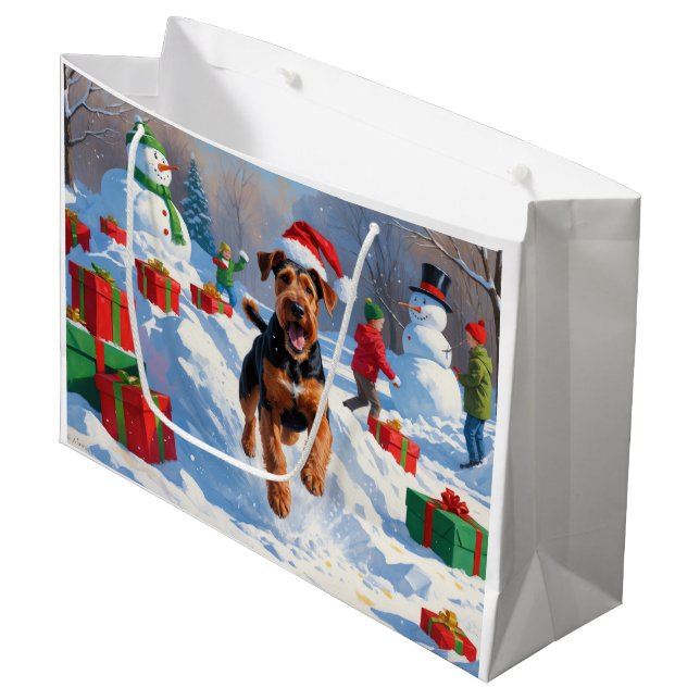 Bolsa De Regalo Grande Navidades de Airedale celebran escena de nieve (Angulo Anverso)