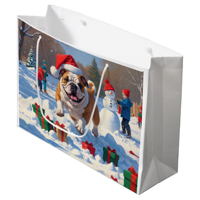 Bolsa De Regalo Grande Navidades de bulldog celebran escena de nieve (Angulo Anverso)