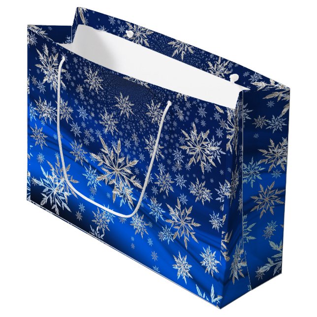 Bolsa De Regalo Grande Navidades de copos de nieve azules y plateados (Angulo Anverso)