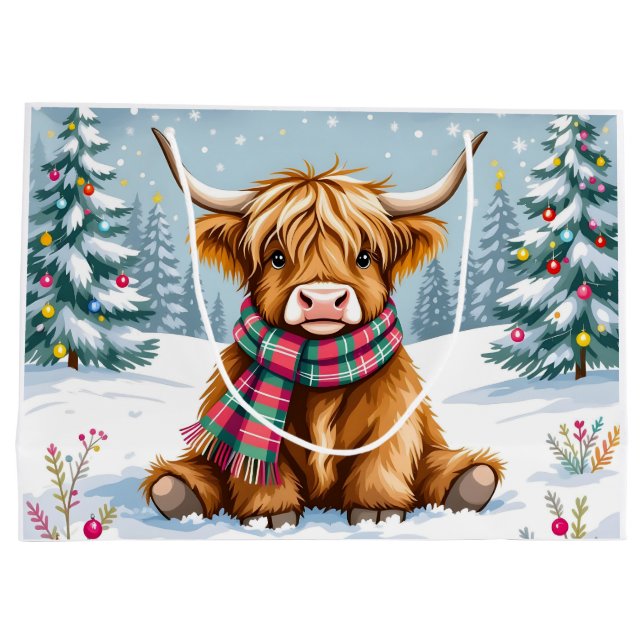 Bolsa De Regalo Grande Navidades de Cute Whimsical Highland Cow (Reverso)