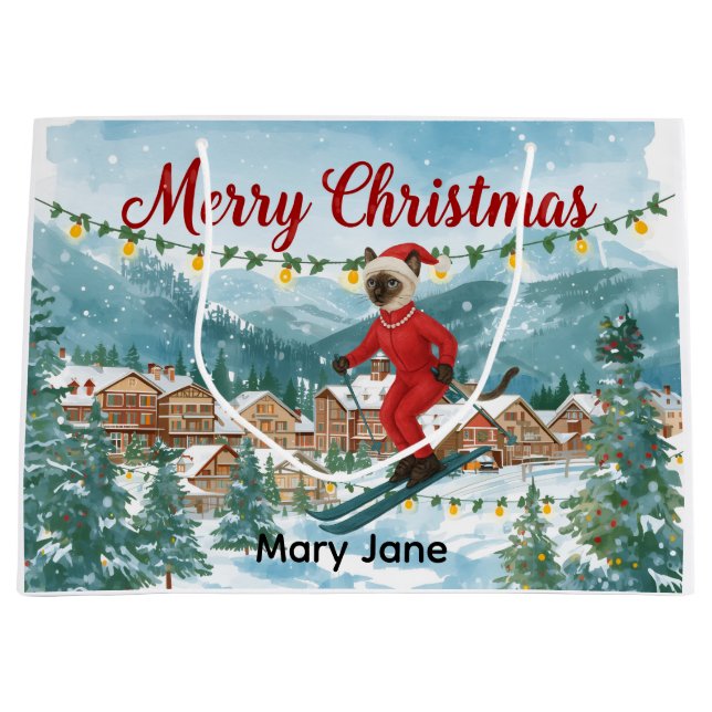Bolsa De Regalo Grande Navidades de esquí para gatos de Santa Siamese que (Anverso)