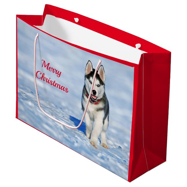 Bolsa De Regalo Grande Navidades de fotografía de Husky Puppy Snow (Angulo Anverso)