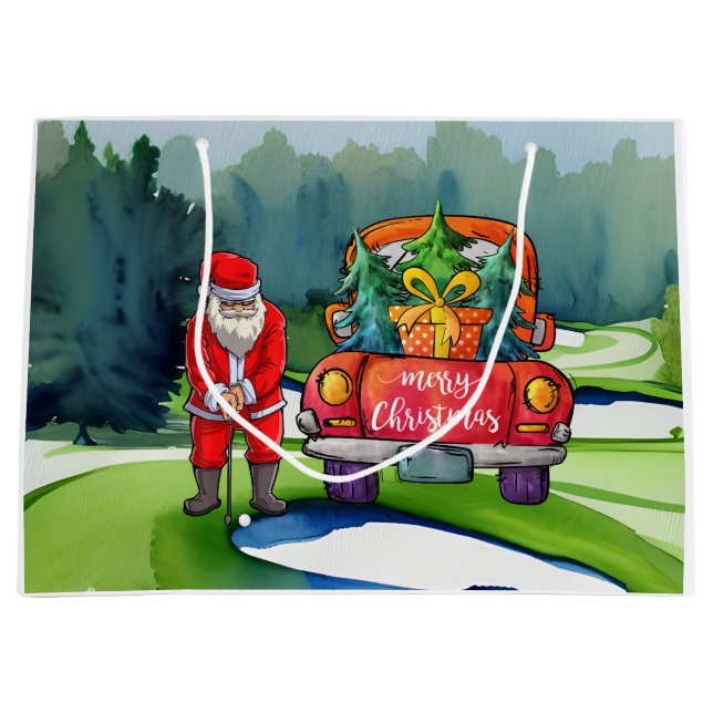 Bolsa De Regalo Grande Navidades de golf Santa Claus con camión rojo en v (Anverso)