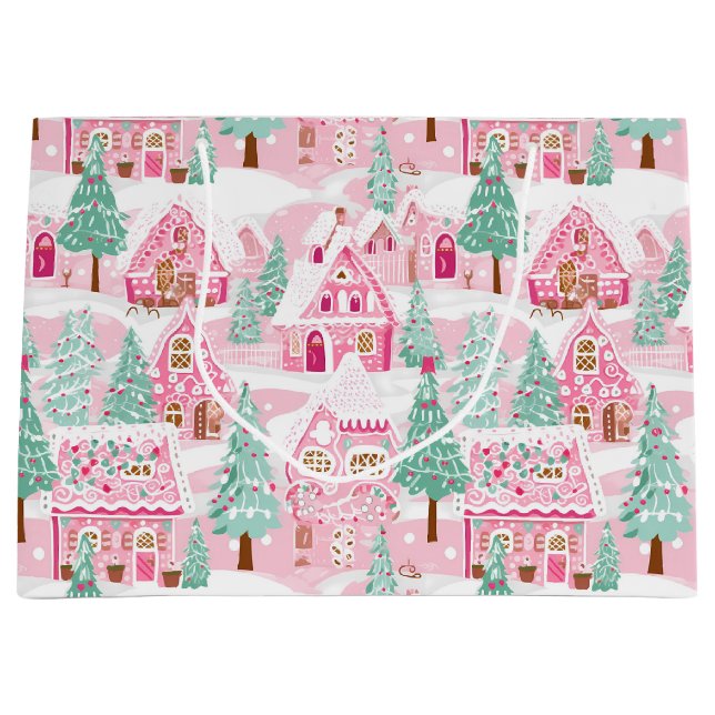 Bolsa De Regalo Grande Navidades de la aldea de Gingerbread Rosa Pastel S (Anverso)