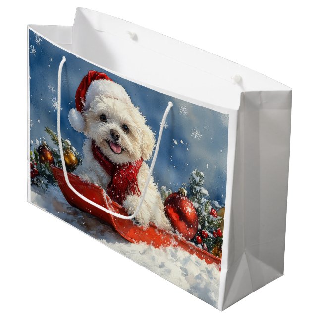 Bolsa De Regalo Grande Navidades de la niebla de Bichon Frise Dog en Sled (Angulo Anverso)