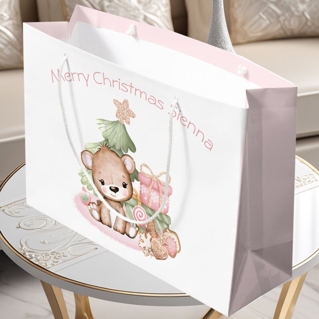 Bolsa De Regalo Grande Navidades de nombres personalizados de Chica rosa  (Cute Bear Pink Girl Custom Name Christmas Large Gift Bag)