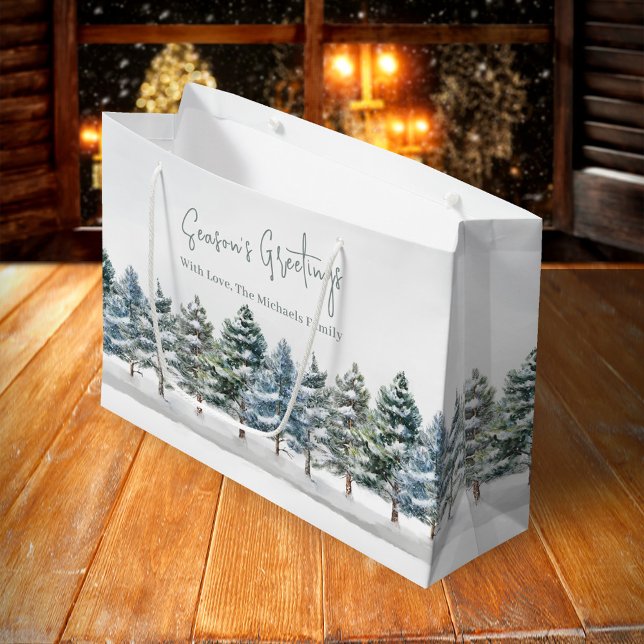 Bolsa De Regalo Grande Navidades de pinos verdes personalizados (Holiday custom gift bag with watercolor pine trees.)
